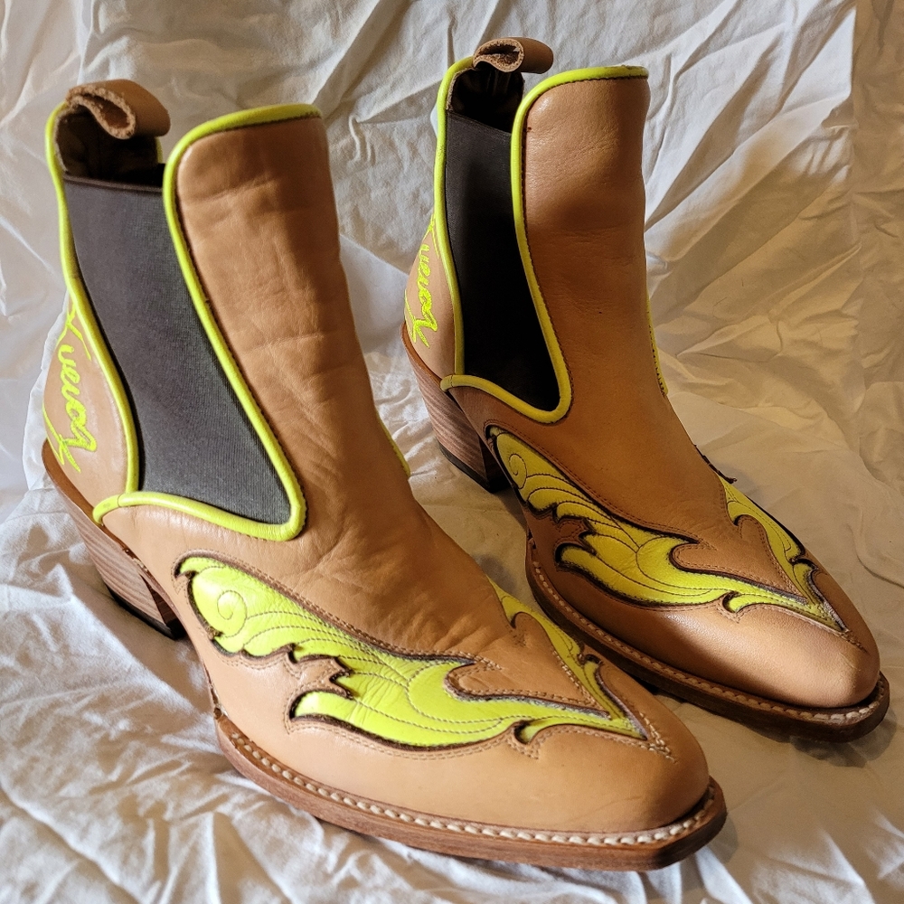 John Fluevog Tan and Yellow Ankle Boots